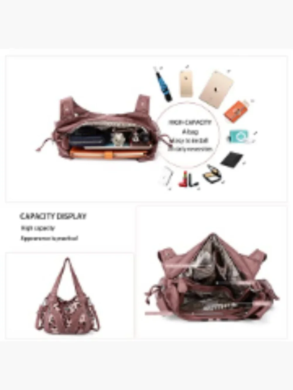 Washed Faux Leather Tote Hobo Bag Top Handle Shoulder Bag